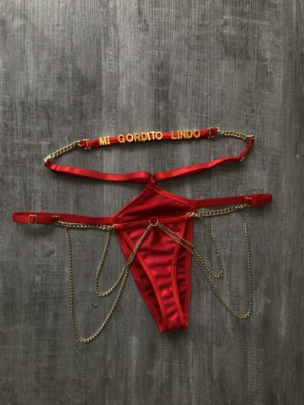 LB041 Panty con frase tipo harness con cadenas