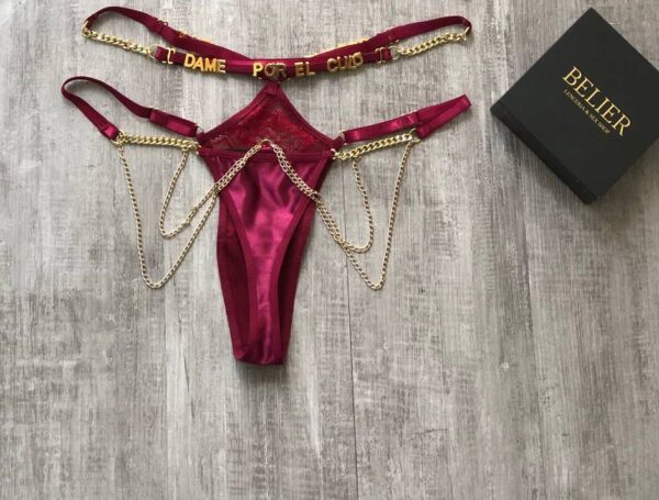 LB043 Panty tipo harness con cadenas y frase personalizada de Max 20 letras