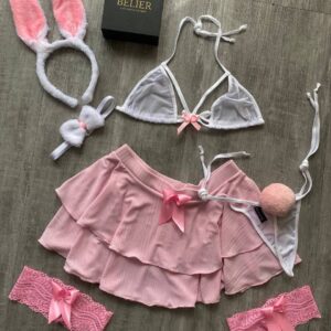 DF029 Disfraz de conejita con falda, orejas, liguero, choker, panty y bra