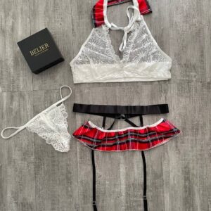 BIER011 Disfraz de colegiala con top, panty y falda con liguero