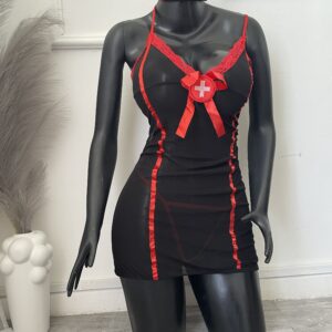 BIER015 Disfraz de enfermera negro con rojo